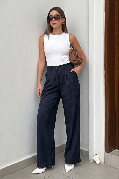 Madmext Navy Blue Striped High Waist Palazzo Trousers Mg2820