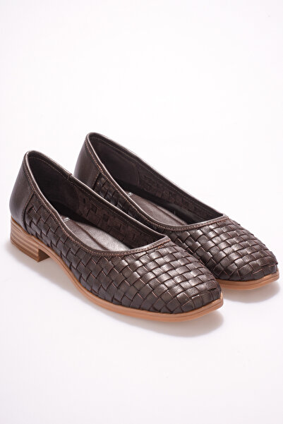 ANALİN SHOES Women's Genuine Leather Knitted Detailed Ballerinas - Brown
