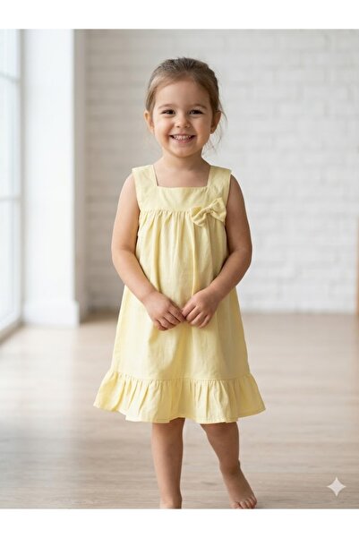 Motebarn Wear Girl's Yellow Bow Detailed Linen Woven Dress