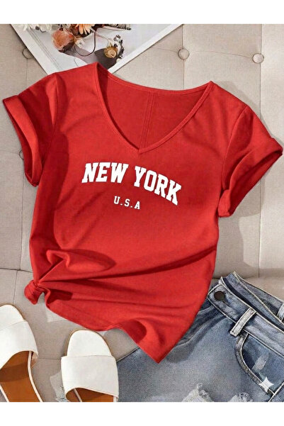 FAVORİST Γυναικείο μπλουζάκι με στάμπα New York USA με λαιμόκοψη V