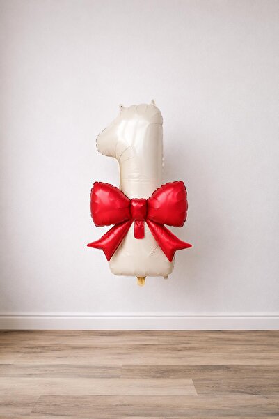 Patladı Gitti Red Bow & Cream 1 Number Foil Balloon Set
