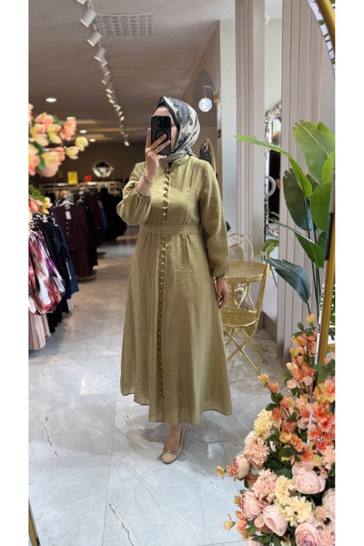 Dila Sayan Boutique Boydan Kumaş Kaplı Düğmeli Kemerli Tensel Tül Elbise