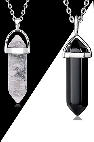 Zodyak Doğal Taş Crystal Quartz-obsidian Natural Stone Stud Couple Lovers Nec...