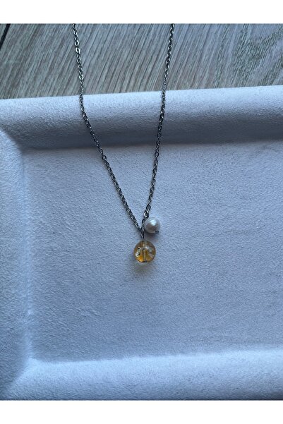 Pel Design 8 mm Citrine Stone Real Pearls Gold and Silver Plated Pendant Hand...