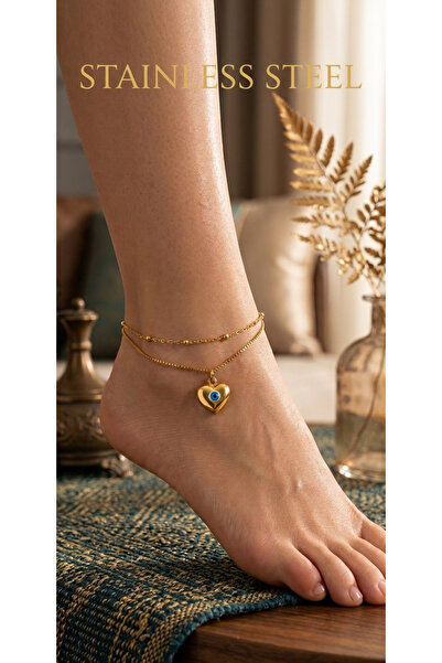 stainless steell Gold Color Ball Elevator Big Heart Evil Eye Steel Anklet