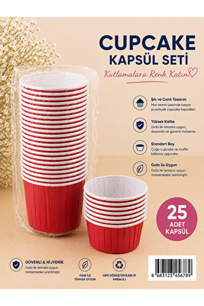 Partifabrik Cupcake Capsule Thick Non-Bending Mold-Free Use 25 Pieces Red