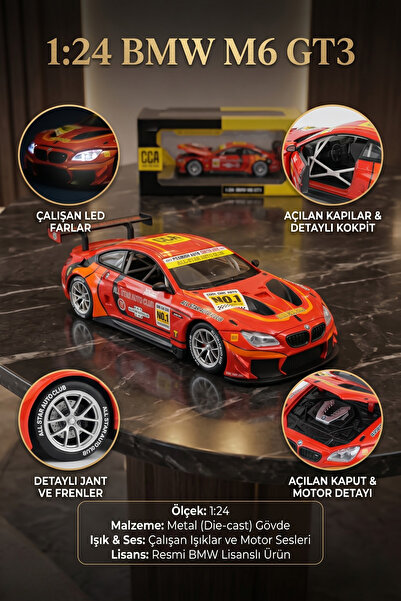 craftivio 1:24 BMW M6 GT3 Kırmızı Metal Diecast Model Araba Sesli ve Işıklı A...
