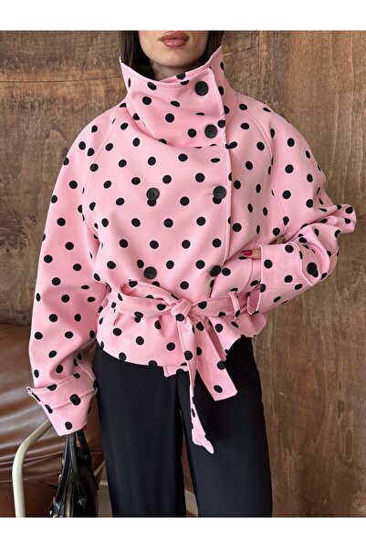 ASEDE Imported Fabric Stand Collar Polka Dot Belted Waist Buttoned Trench Coa...