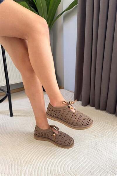 Difolia Women's Geoo Mink Genuine Leather Geometric Perforated Ballerinas wit...