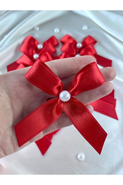 EvremStore 10 Adet 20mm İncili Kırmızı Kurdele Fiyonk - Bohça, Koli ve Hediye...