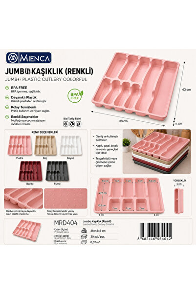 m mienca Jumb Kaşıklık Renkli Plastik Çekmece İçi Kaşıklık Düzenleyici 38x43x...