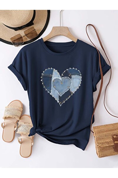 Trend Sizde Tricou unisex cu imprimeu denim bleumarin, cu gât rotund