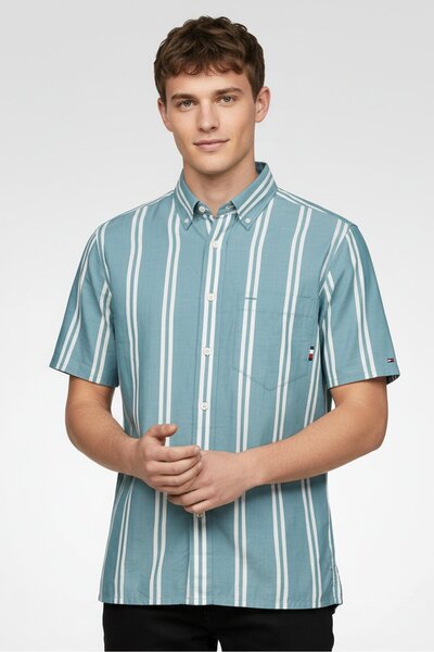 Tommy Hilfiger Men Casual Fit Stripe Short Sleeve Casual Shirt, Multicolor