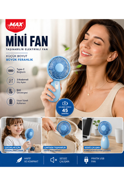 SHARI MAX Energy Mini Fan Taşınabilir El Tipi USB Şarjlı Vantilatör 3 Kademel...