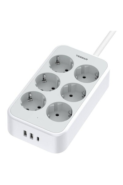 TESSAN TS-PS02DE Prelungitor, cu întrerupător, 6 prize, 2 USB-A, 1 USB-C, înc...