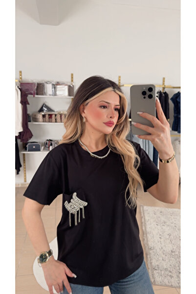DENİZ Taşlı Modal Kumaş Sarkıntılı Taş Hello Yazılı Bluz