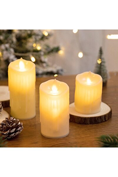 TARIK HOME 3'lü Set Pilli Led Mum - Alev Efektli Eriyen Görünümlü Dekoratif M...