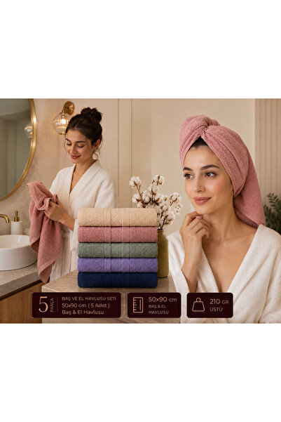 LA MEHSER Set of 5 100% Cotton Hand & Head Towels 50X90