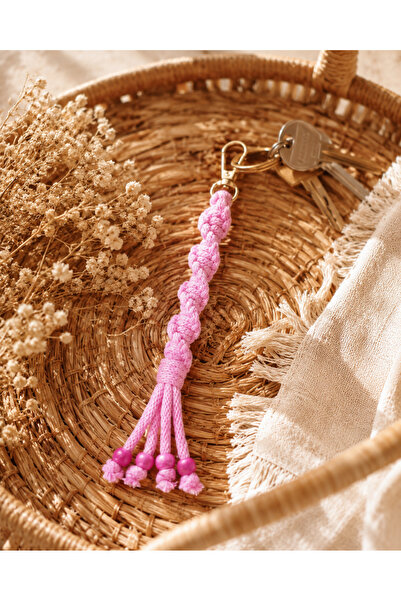 MİAKA Handmade Pembe Makrome Boncuklu Anahtarlık, El Yapımı Püsküllü Bohem Ça...