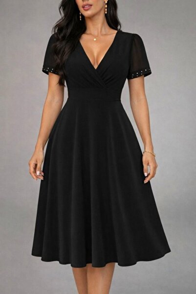 Modayakamoz Women's short janjan crepe dress with tulle sleeves, stone detail...