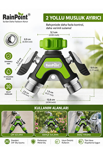 RAINPOINT 2 Yollu Musluk Ayırıcı – Metal Dişli Bahçe Hortumu Dağıtıcı