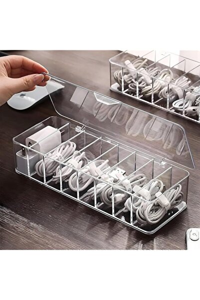 The Bros Data Cable Organizer Box, 8 Compartments Clear Plastic Cord Storage,...