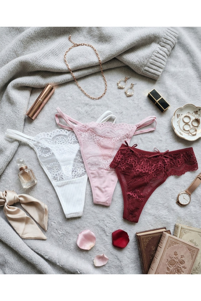 ANDINO 3'lü Tanga Beyaz, Bordo, Pembe, Önü Dantel Arkası Pamuklu String Sexi ...