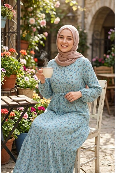 sefamerve Rochie Hijab cu imprimeu floral și cordon în talie 0296-01 Verde Cagla