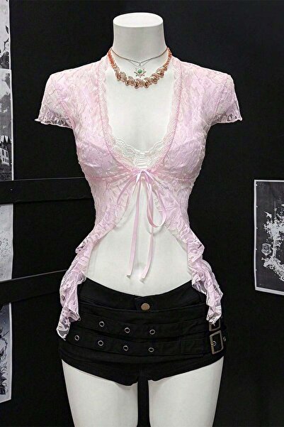 Köstebek Pink Lace-Up Bolero Y2K Short Sleeve Crop