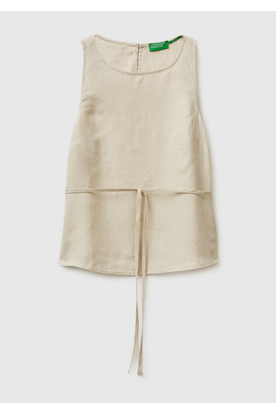 United Colors of Benetton Women's stone 100% linen tie back button sleeveless...