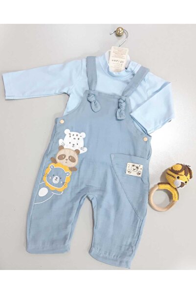 Sönmez Baby SEVİMLİ HAYVANLAR MÜSLİN SALOPET TULUM VE BLUZ İKİLİ MEVSİMLİK BE...