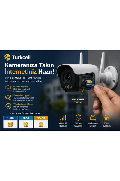 Opticam 4g Turkcell Her Ay 15 gb Sim Kartı 1 Yıllık Tek Ödeme Data m2m Hattı Güvenlik Kamerası Modem Hattı