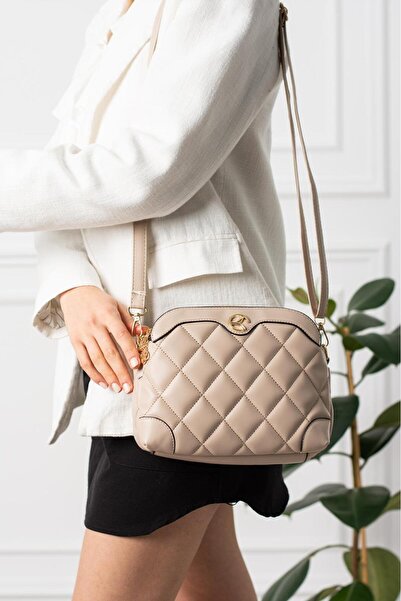 MILANOFOX Women's Beige Leather Quilted Gold Detailed Lined 3-Compartment Dai...