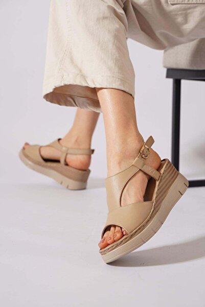 Moda Pie Sandale de damă Hunas Direkli din piele naturală, piele bej