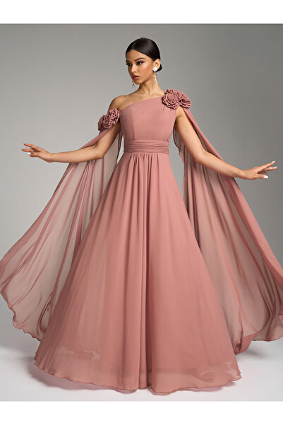 SUPGIR Pink Floral Cape Sleeves Maxi Dress