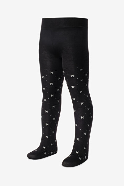 Le Mabelle Black Glittery Bow Detailed Girls' Banana Pantyhose