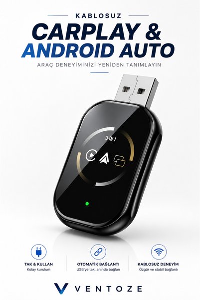 Ventoze Kablosuz CarPlay ve Android Auto Dönüştürücü Adaptör Oto Multimedya Çevirici Smart USB