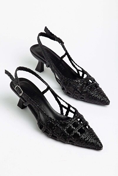 Dilimler Ayakkabı Women's Short Heeled Shoes Black Knitted Material Pointed S...