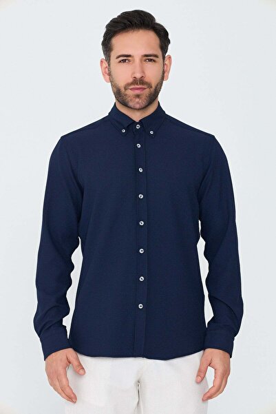 White Stone Navy Blue Dynamic Fit Long Sleeve Men's Shirt