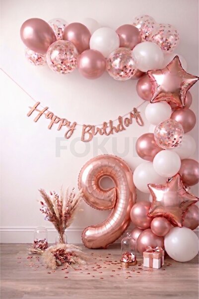 FOKUL Rose Gold Balon Seti 9 Yaş Doğum Günü Parti Seti Happy Birthday Yazı - ...
