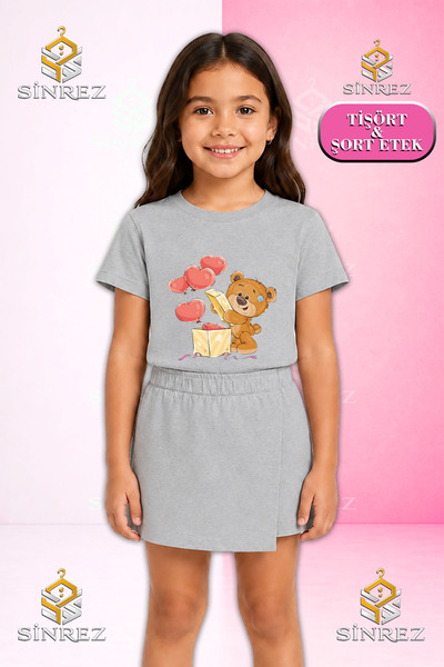SİNREZ Girl's Set Bear Box Hearts Printed Short Sleeve T-Shirt Shorts Skirt