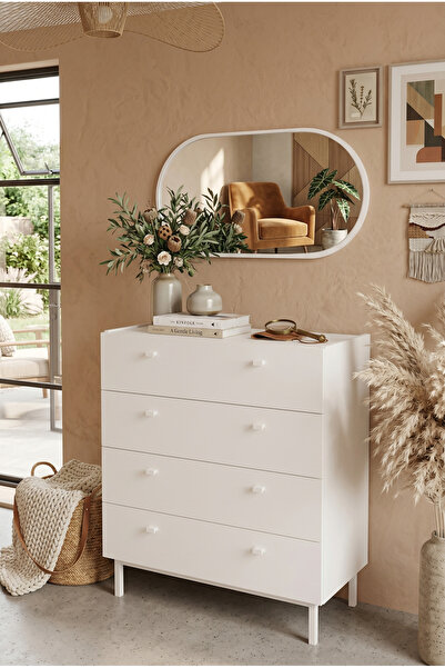 Robin Home Oval Aynalı Geniş Şifonyer 8 Çekmeceli Ahşap Ayaklı Beyaz