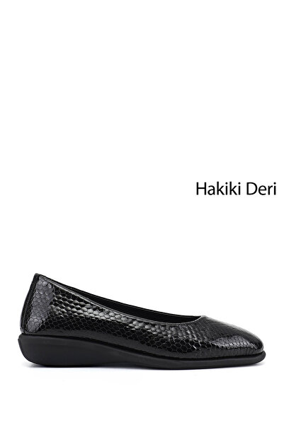 GÖNDERİ(R) Women's Black Crocodile Wedge Sole Genuine Leather Comfort Shoes