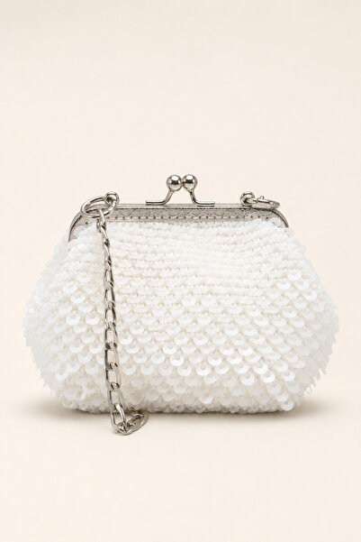 Women Lay-z Women's White Sequined Hand-Knitted Evening Dress Bag with Silver...