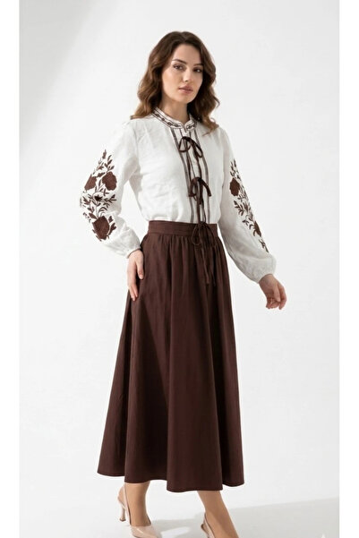 TATULA Embroidery Detailed Tied Balloon Sleeve Shirt