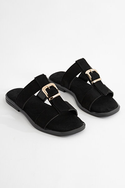 LEVONYA Gala Women's Black Suede Buckle Detailed Comfortable Daily Slippers