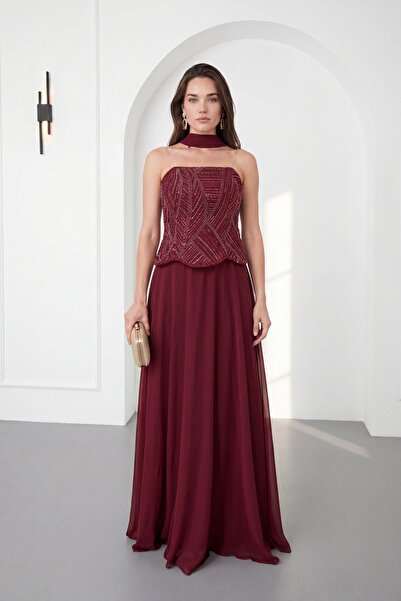 Lafaba Women's Burgundy Shawl Collar Beaded Long Chiffon Evening Dress