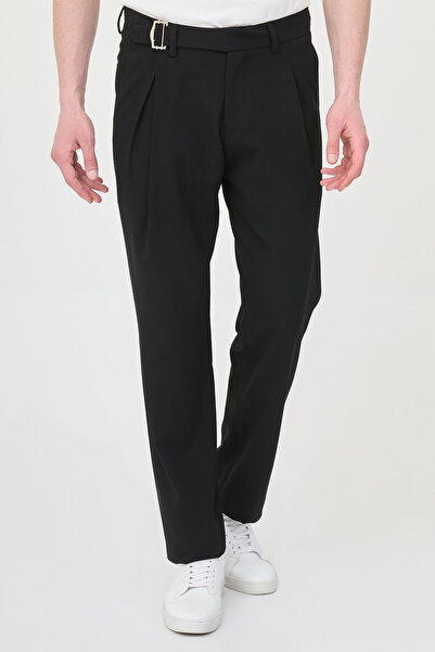 Mcr Straight Slim Fit Pleated Belt Buckle Men's Trousers Black - 38369.26Y
