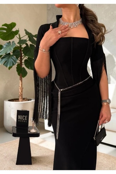 Nice Model Soft Padded Evening Dress Black Barbie Long Sleeve Gown with Belt