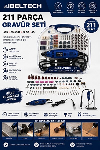 İBELTECH Blue Series 211 Parça Profesyonel Gravür Motoru Seti 35000RPM